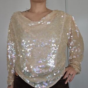 VTG Large Pink Ivory Full Sequin Glam‎ Silk Evening Blouse 80s Beaded Iridescent